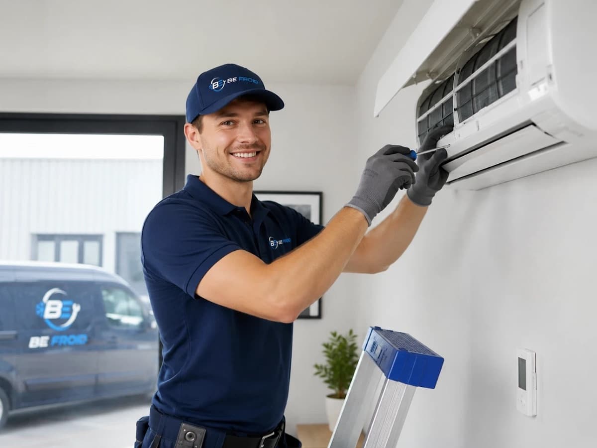 Technicien BE Froid en casquette et polo de l'entreprise, souriant, devant un climatiseur ouvert